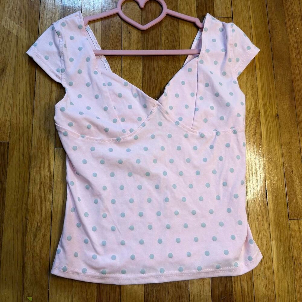 Pink crop top with light blue polka dots